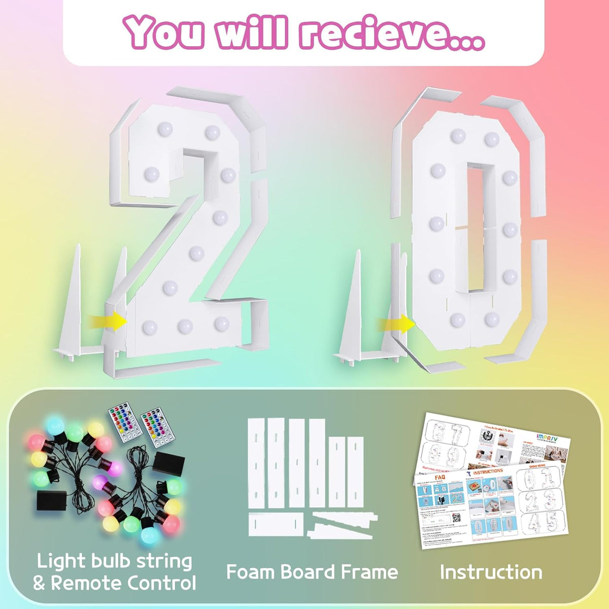 Marquee Numbers 20th-Birthday Decoration: Colorful 4FT Large Light Up 20 Year Old Birthday