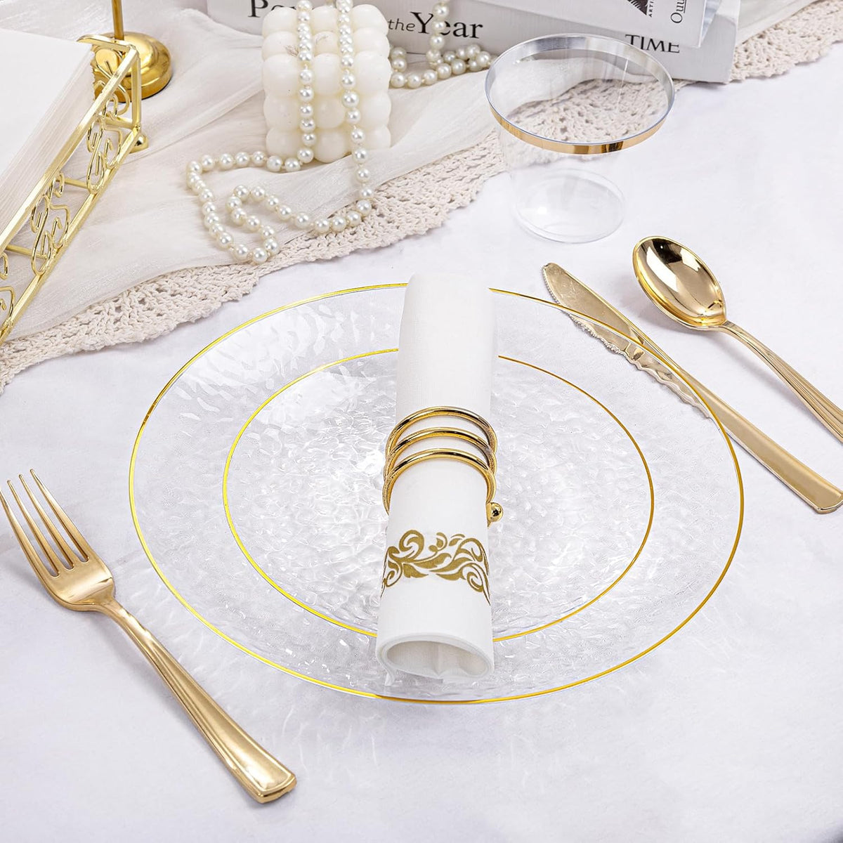 Rubtlamp 175 Pcs Plastic Dinnerware Set (25 Guests), Clear And Gold Plastic Plates, Hammered Party
