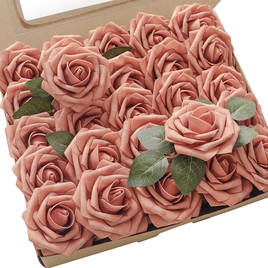 Floroom Artificial Flowers 25pcs Real Looking Dusty Pinky Cedar Foam Fake Roses with Stems for DIY