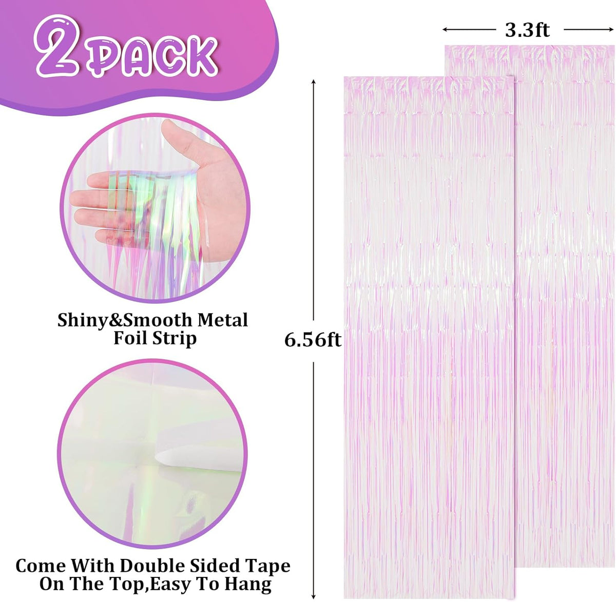 2 Pack Iridescent Tinsel Foil Fringe Curtains, Iridescent Party Decorations, Metallic Tinsel Party