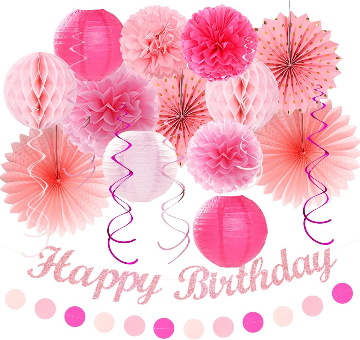 Light Hot Pink Birthday Party-Decorations - 21pcs Girl Happy Banner,Paper Lanterns Honeycomb,Tissue