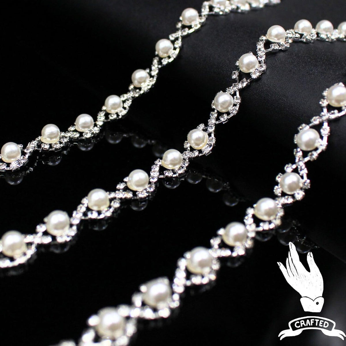 2 Yard Pearl Rhinestone Trim Chain Silver String Crystal Applique Fringe Ribbon Strips Beads Sewing