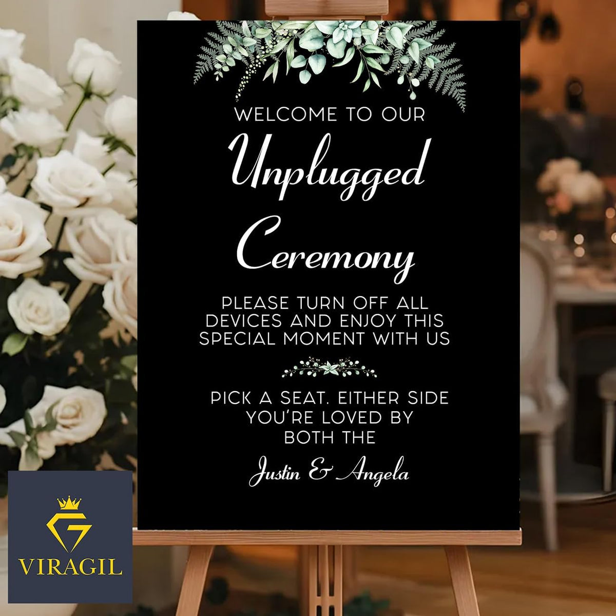 Personalized Unplugged Ceremony Sign – Elegant Wedding Yard Sign with Greenery – Turn Off Devices &