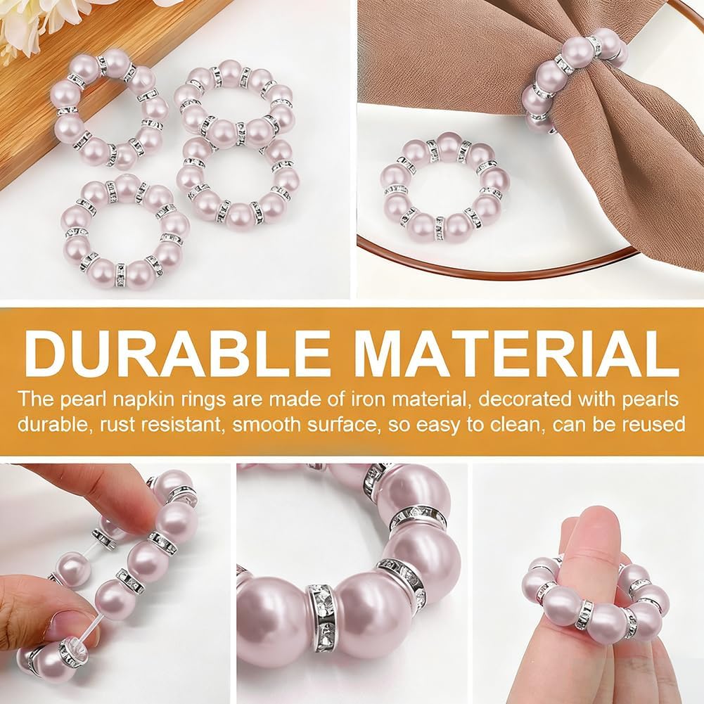 20Pcs Pearl Napkin Rings, Pink Beaded White Silver Round Buckles, Set of 6, Wedding and Formal