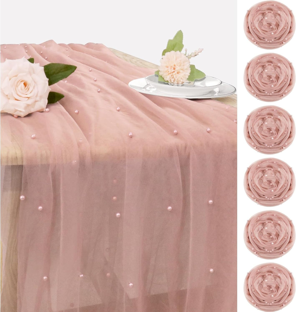 Set of 6 Pearl Table Runner 29 x 120 Inch Dusty Pink Tulle Fabric Lace Table Runners Boho Rustic