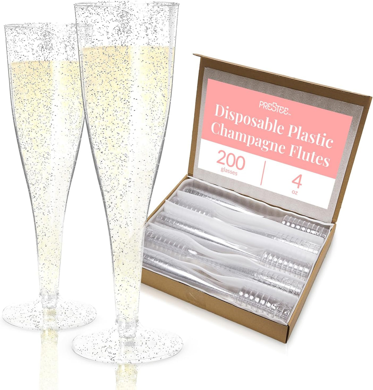 Prestee 200 Disposable Champagne Flutes Plastic 200 Pack - Silver Glitter Champagne Flutes for