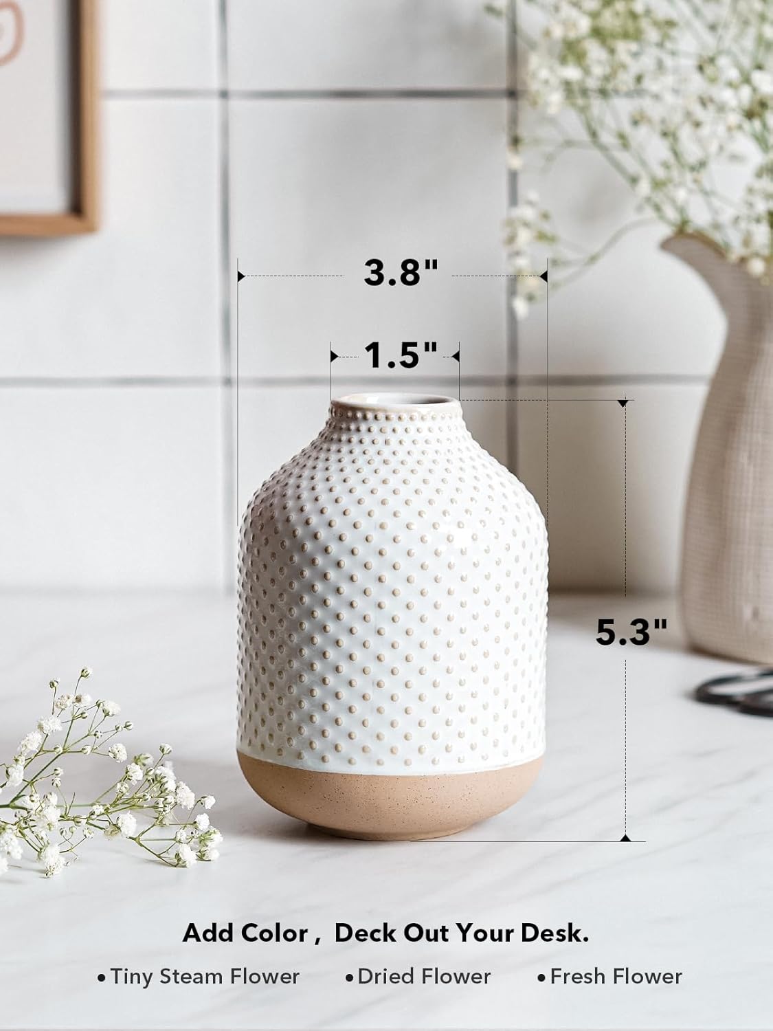 Boho Flower Vase - 5.3 Inch Ceramic White Vase for Pampas Grass, Eucalyptus & Bouquets, Small Home