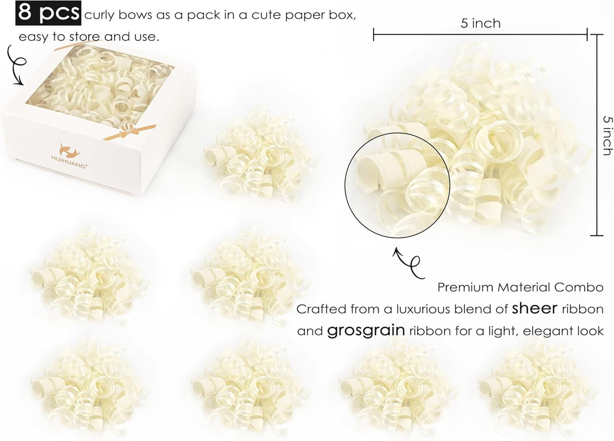 HUIHUANG Gift Wrapping Bows Gift Wrap Accessory Ivory Curly Ribbon Bow 5 inch x 8 Counts Stick On