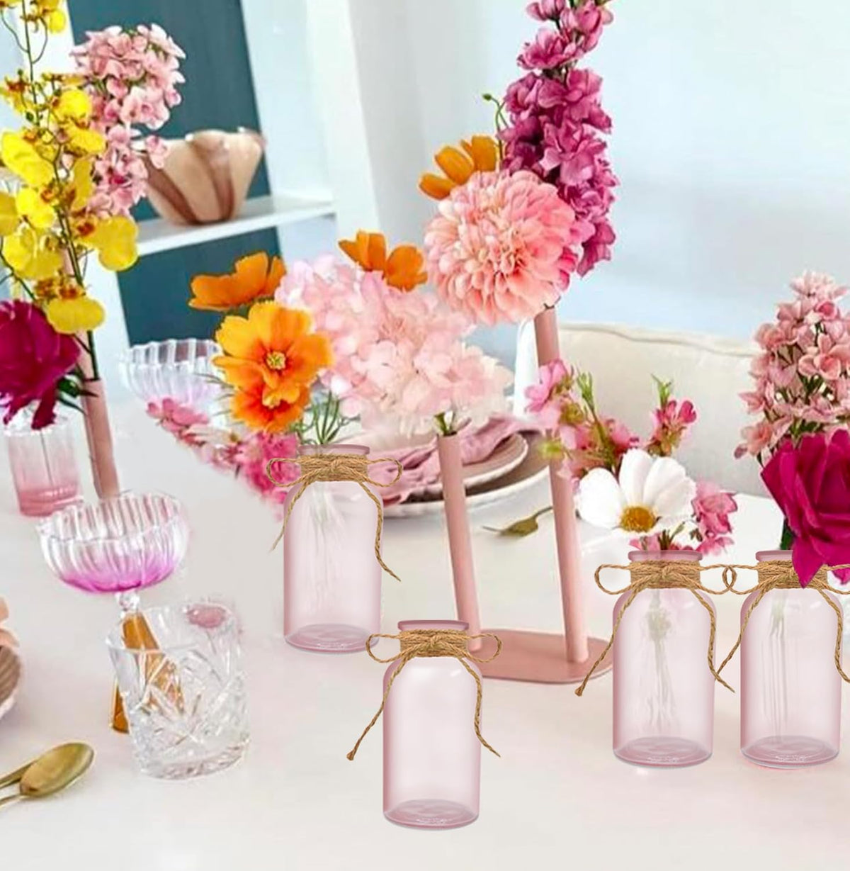 Vintage Glass Flower Vase，12 Pack Pink Farmhouse Glass Centerpiece Vases Mason Jars for Weddings