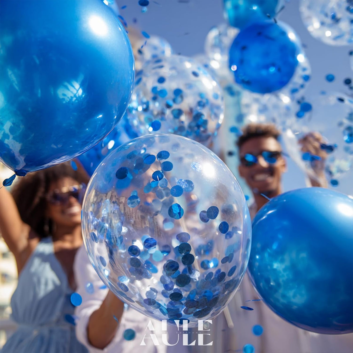 AULE Party Balloons Pack of 42 - Metallic Blue Balloons and Blue Confetti Balloons With 64ft