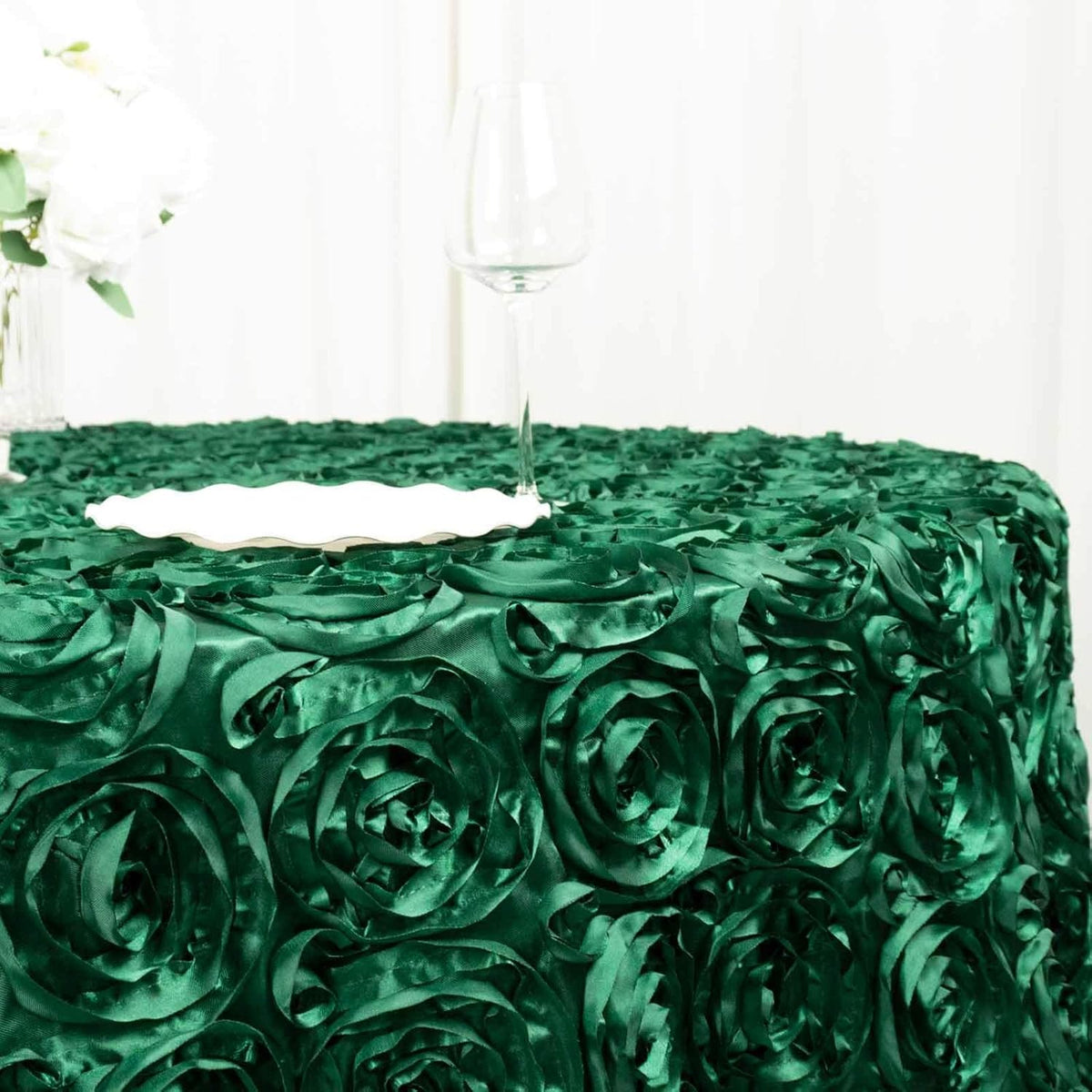 Efavormart 120" Hunter Emerald Green Grandiose 3D Rosette Satin Round Tablecloth for Wedding Party