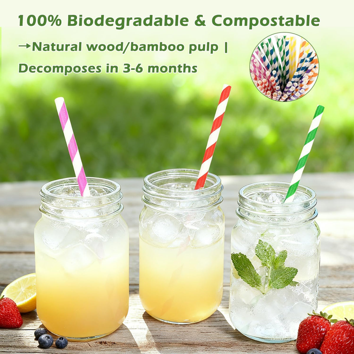 100 Pack Striped Paper Straws for Drinking– Sturdy & Non-Soggy – 100% Biodegradable disposable