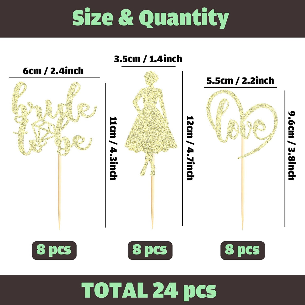 Sotpot 24PCS Bride to Be Cupcake Toppers with Heart Gold Glitter Dress Bridal Shower Cupcake Picks
