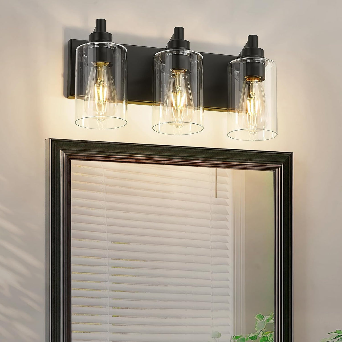 3-Light Bathroom Light Fixtures, Black Vanity Light with Cylinder Clear Glass Shade, Modern Vanity