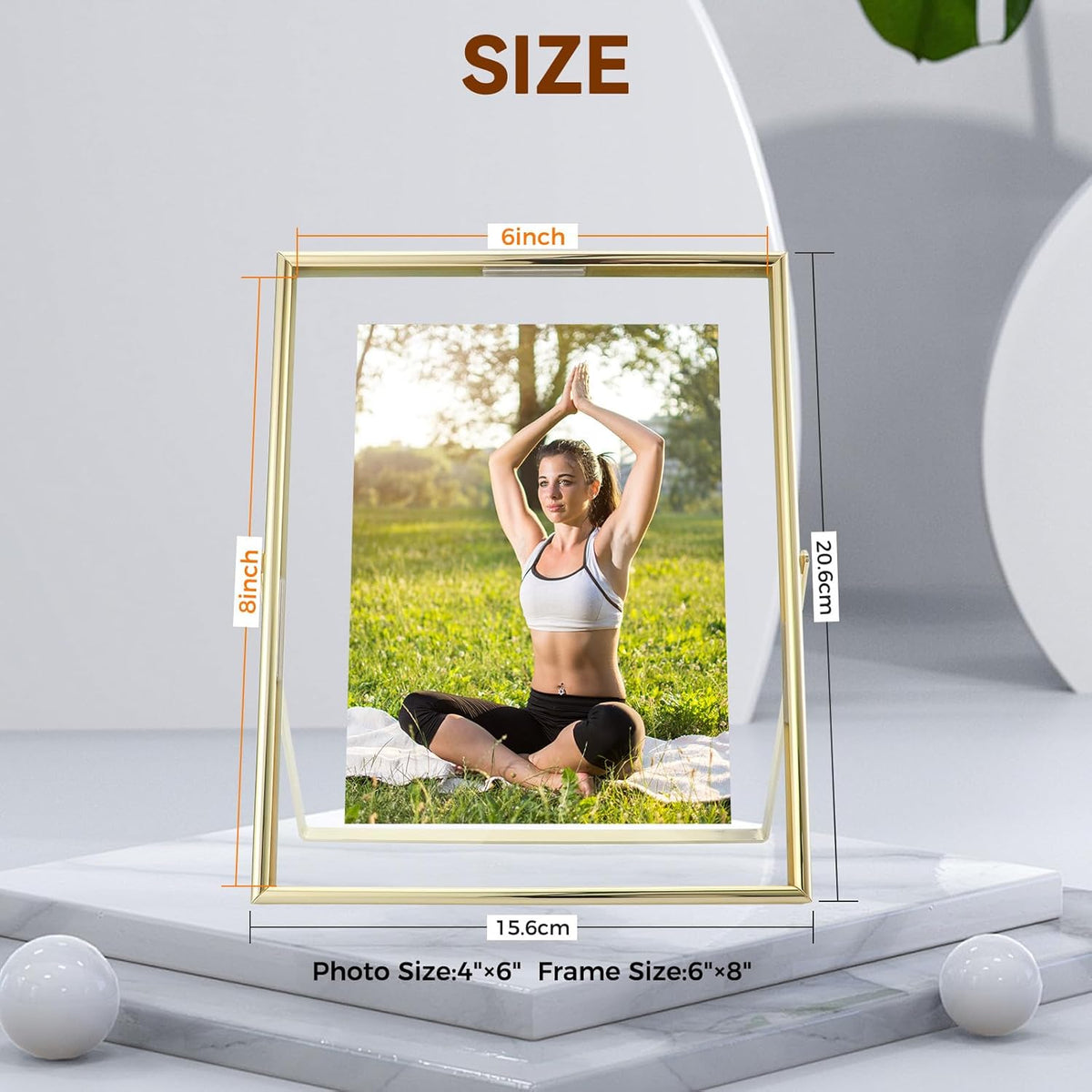 Gold Floating Frame (6"x8", Vertical), For Picture 5x7, 4x6, 3x5, Tabletop Shelf Photo Frame