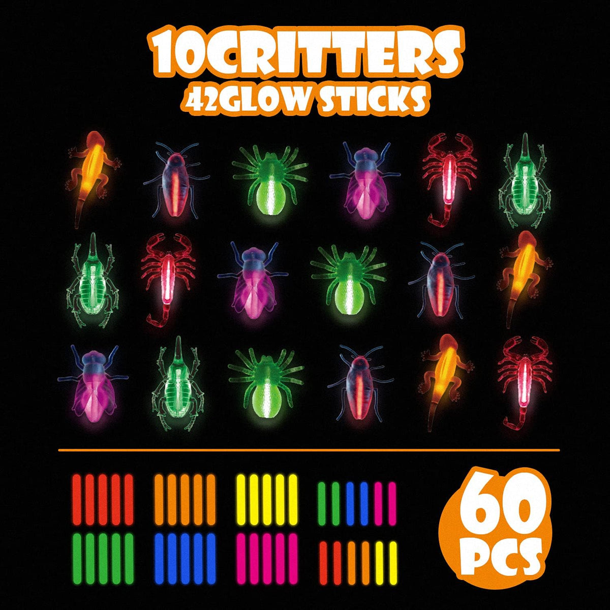 SpringFlower 60pcs Halloween Glow Critters Set for Halloween Party Favors,18 Critters Toys and 42