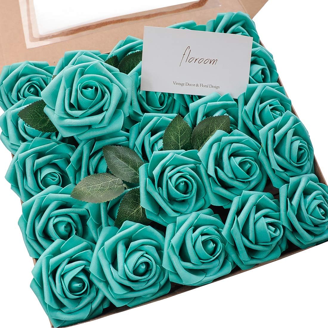 Floroom Artificial Flowers 50pcs Real Looking Teal Green Foam Fake Roses with Stems for DIY Wedding