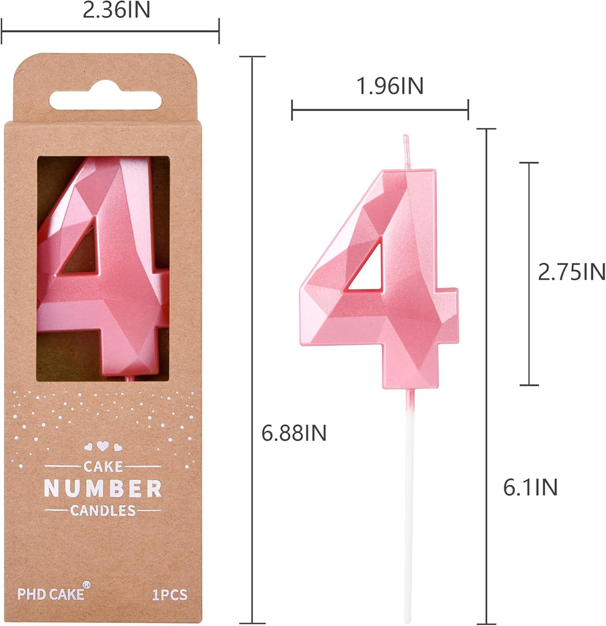 PHD CAKE 2.76 Inch Crystal Pink 4 Number Birthday Candles, Pink Number Candles, Cake Number