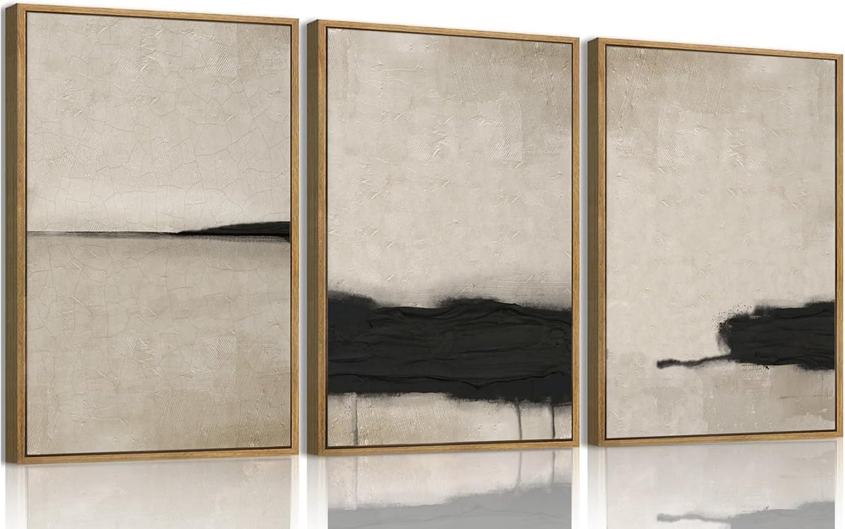 myusuar 3 Piece Large Modern Abstract Canvas Framed Wall Art For Living Room, Black And Beige