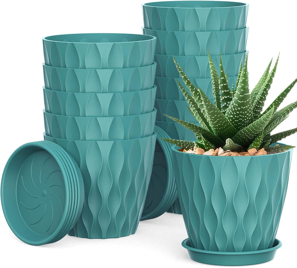 12 Pack 4 Inch Small Plant Pots with Saucers, Waffle Texture Plastic Planters with Drainage Holes