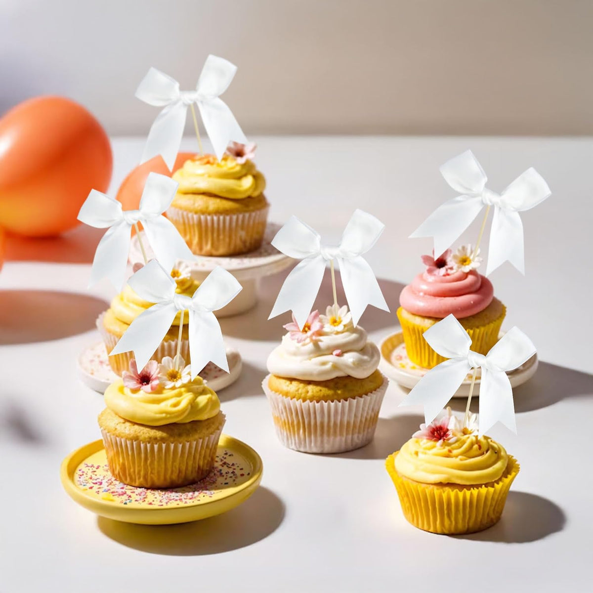 Gyufise 24Pcs Bow Cupcake Toppers Coquette Bow Girls Birthday Cake Decorations Bowknot Cake Toppers