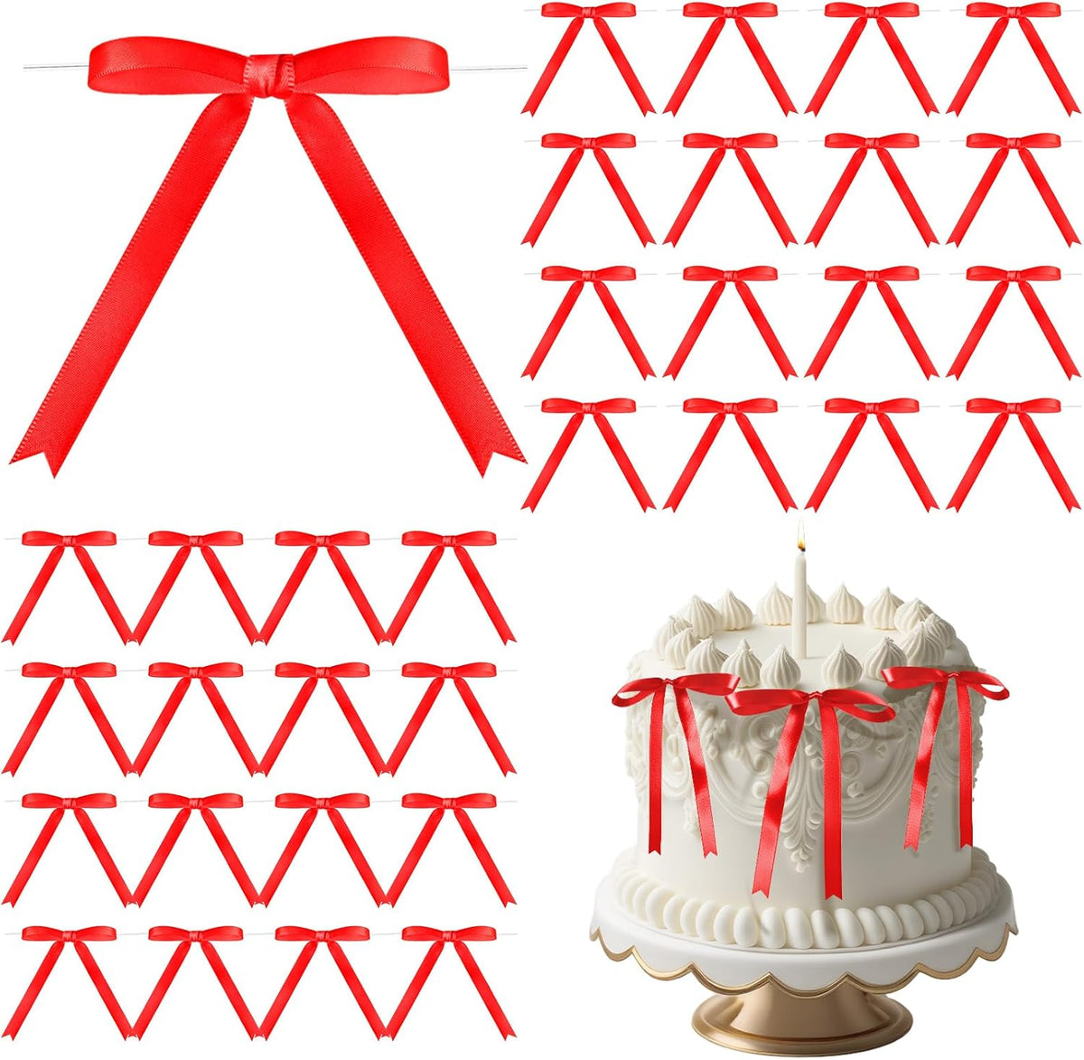 Riceshoot 50 Pcs Twist Tie Bows for Cake 3x4.5 Inch Satin Ribbon Bows for Gift Wrapping Treat Bags