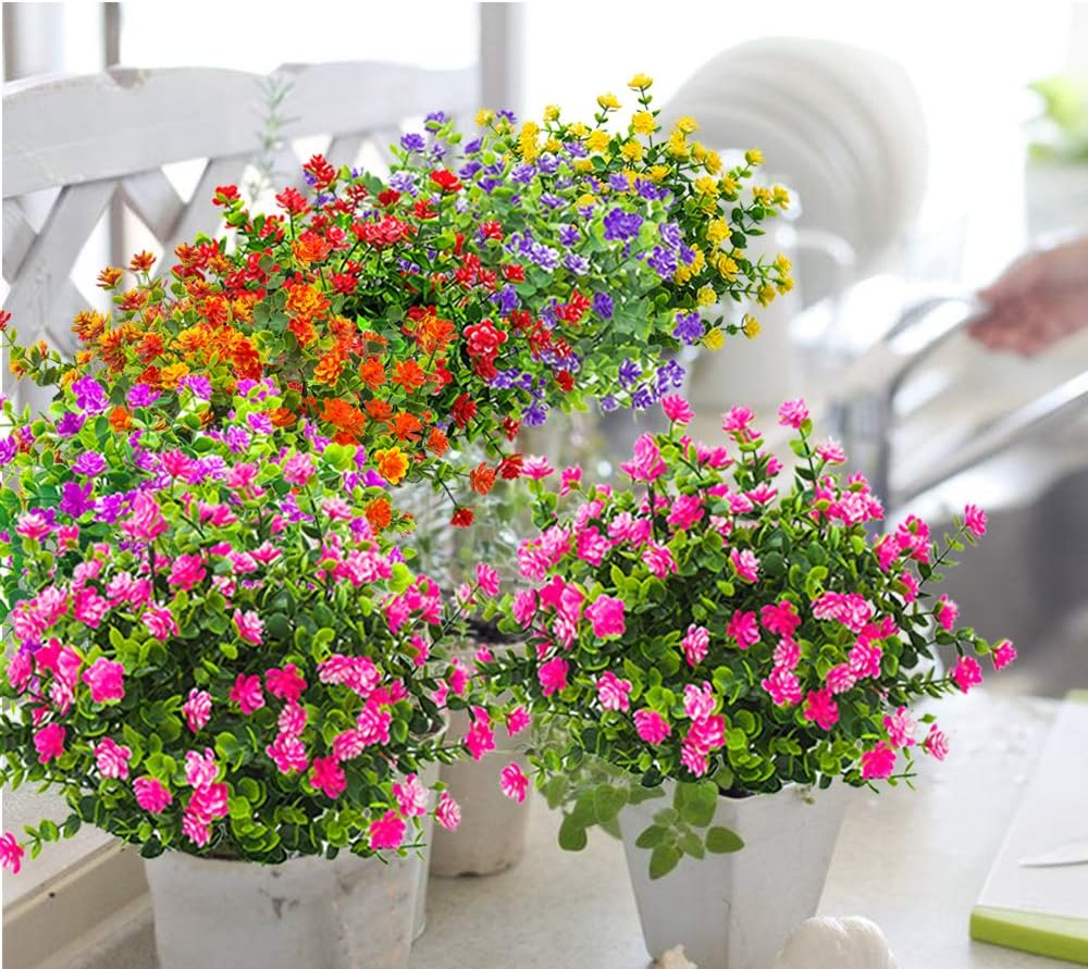 10 Bundles Artificial Fake Flowers, Faux Outdoor Plastic Plants UV Resistant Shrubs Outside Indoor