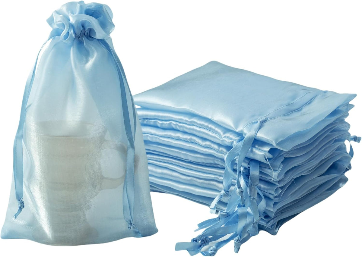 QIANF 20 Pcs Blue Small Organza Bags 6X9 inch for Wedding Favors with Drawstring, Mini Mesh Gift
