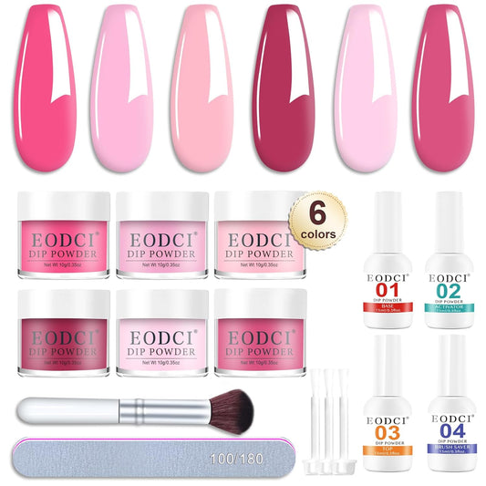 Dip Powder Nail Set, 6 Colors Hot Pink Series 12 Pcs Dipping Powder Kit With Base & Top
