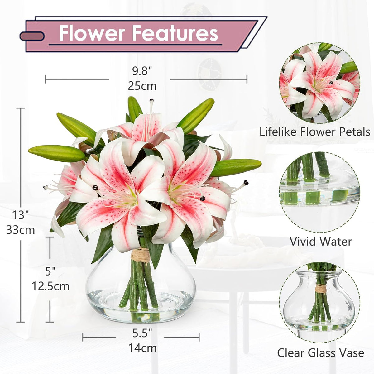 Artificial Flowers Tiger Lily Real Touch with Vase Easter Lily Pink Lilies Silk Faux Flowers