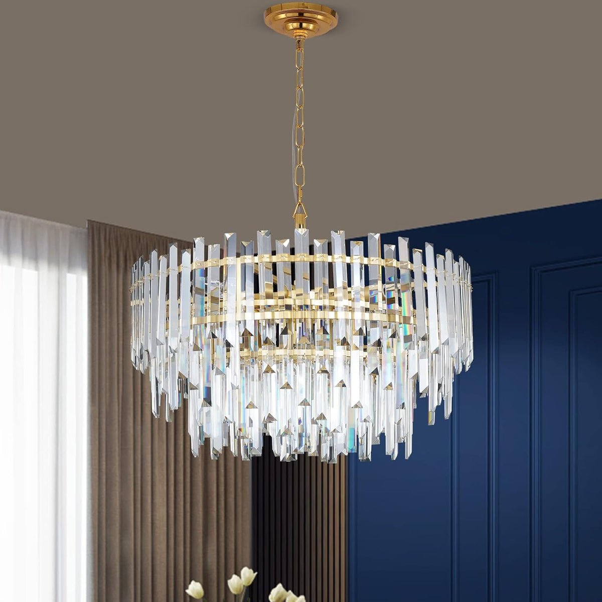 Gold Copper Crystal Chandelier Lighting 24'' for Dining Rooms Bedroom Foyer Entryway Ceiling