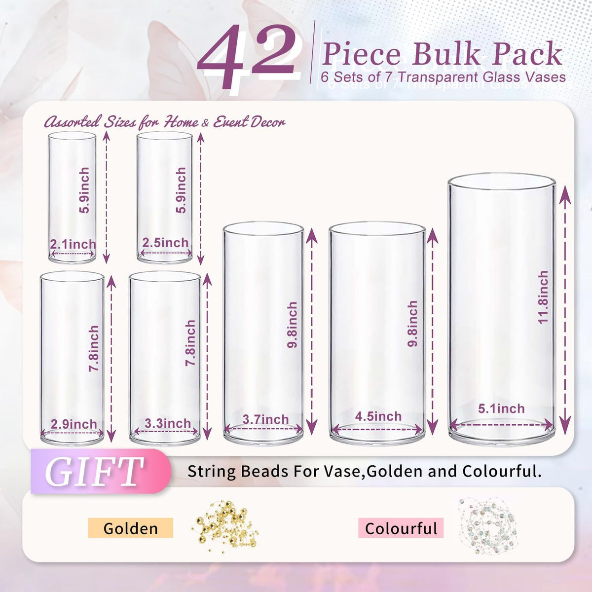 42pcs Glass Vase Cylinder Vases for Centerpieces 7 Vases of Different Sizes Small Flower Glass