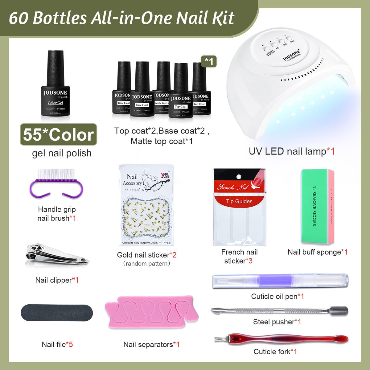 JODSONE 60 PCS Gel Nail Polish Kit with U V Light 55 Colors No Wipe Beautiful Colors Nail Gel