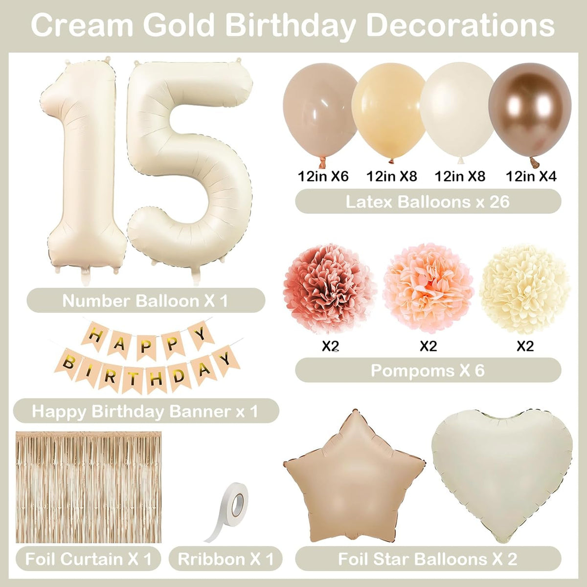 Beige 15th Birthday Decorations Girls Boys Cream Number 15 Balloon Nude Gold Happy Birthday Banner