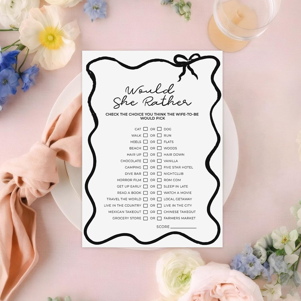 DEEKA 30 PCS Bridal Shower Games Card for 30 Guests Black Wavy Border Ribbon Bow Funny Wedding