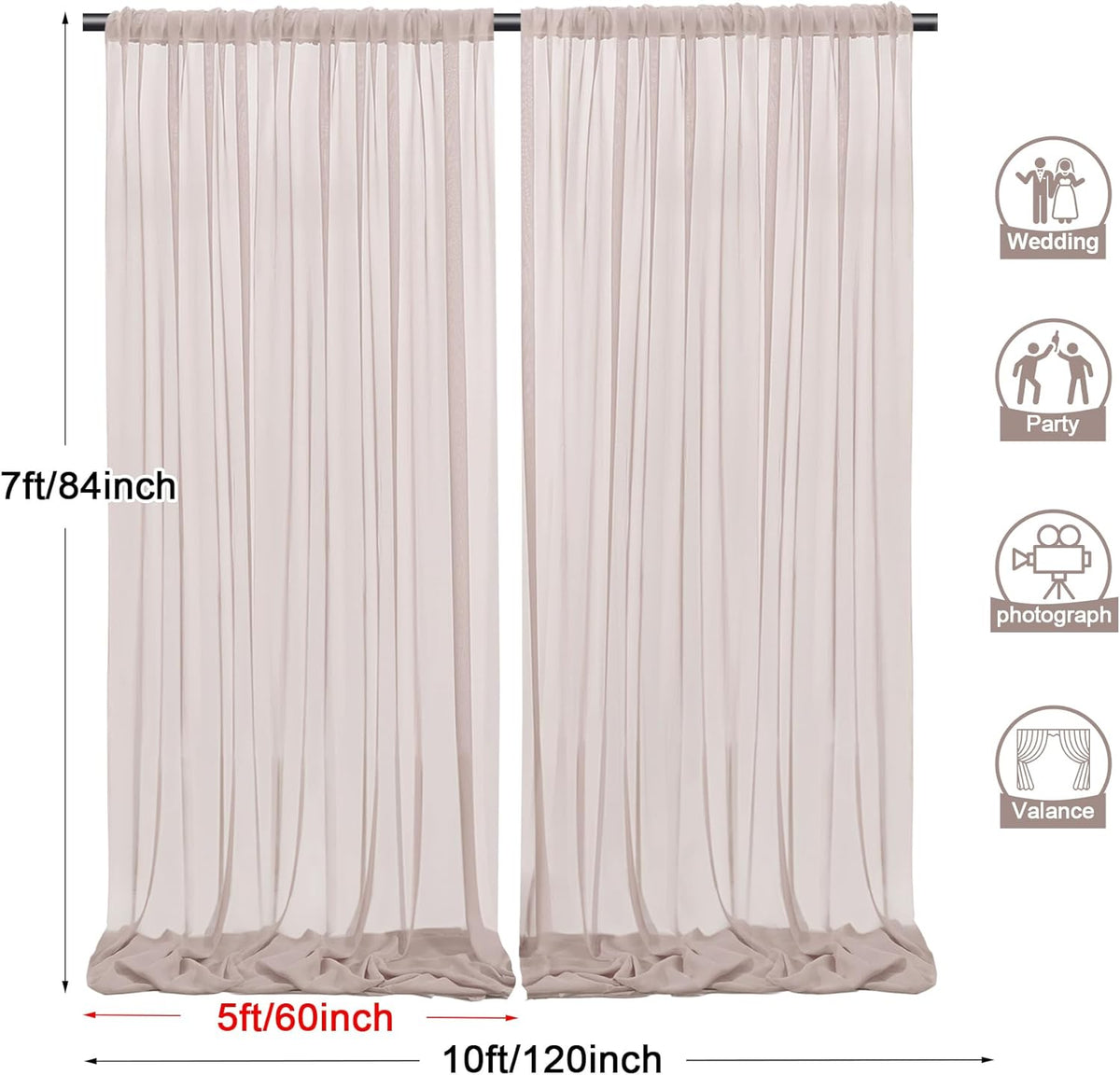 PARTISKY 10ftx7ft Taupe Chiffon Backdrop Curtains, Wrinkle-Free Sheer Fabric Photo Drapes for