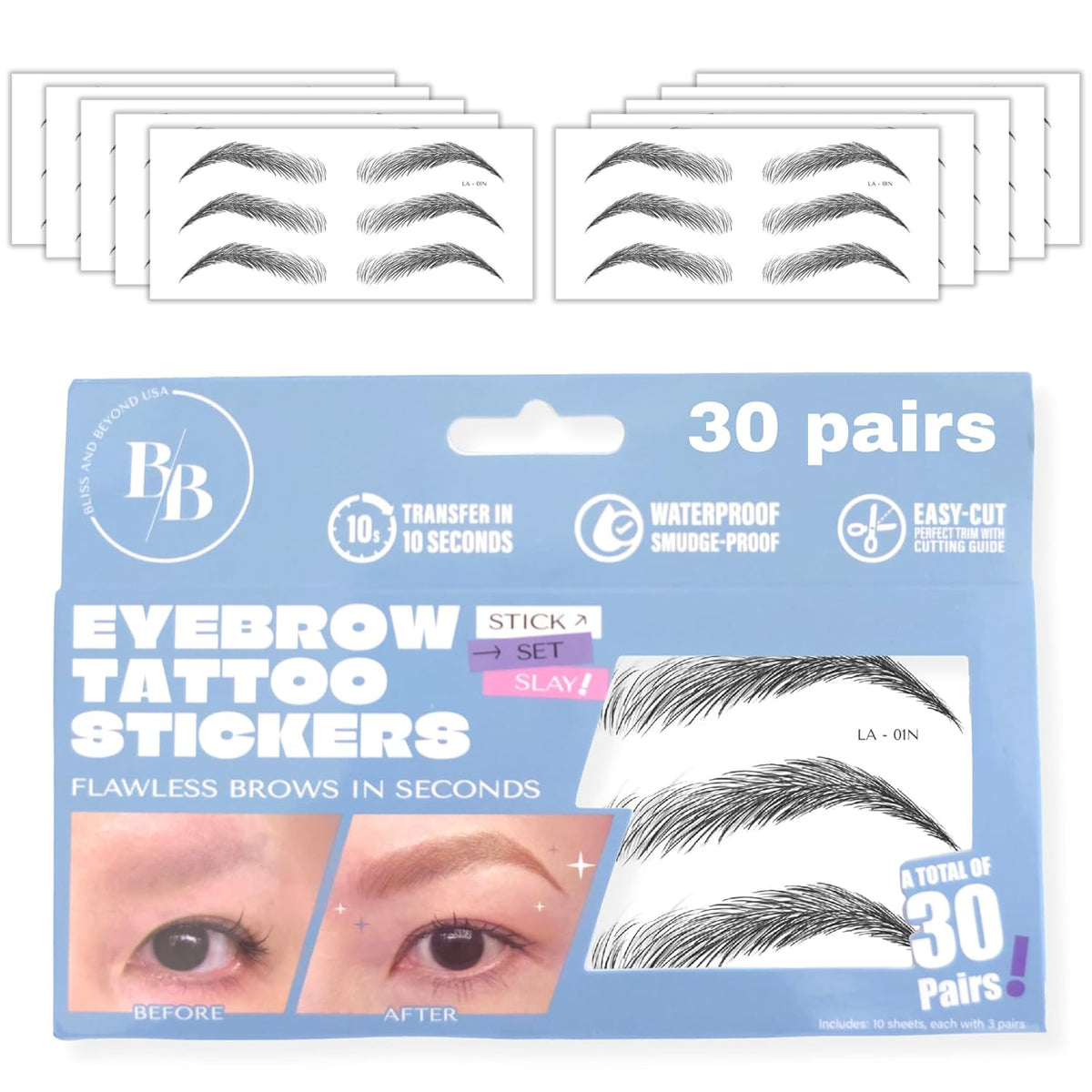 Bliss and Beyond USA Eyebrow Tattoo Stickers Waterproof – 30-Pair Deluxe Box | Realistic Hair-Like