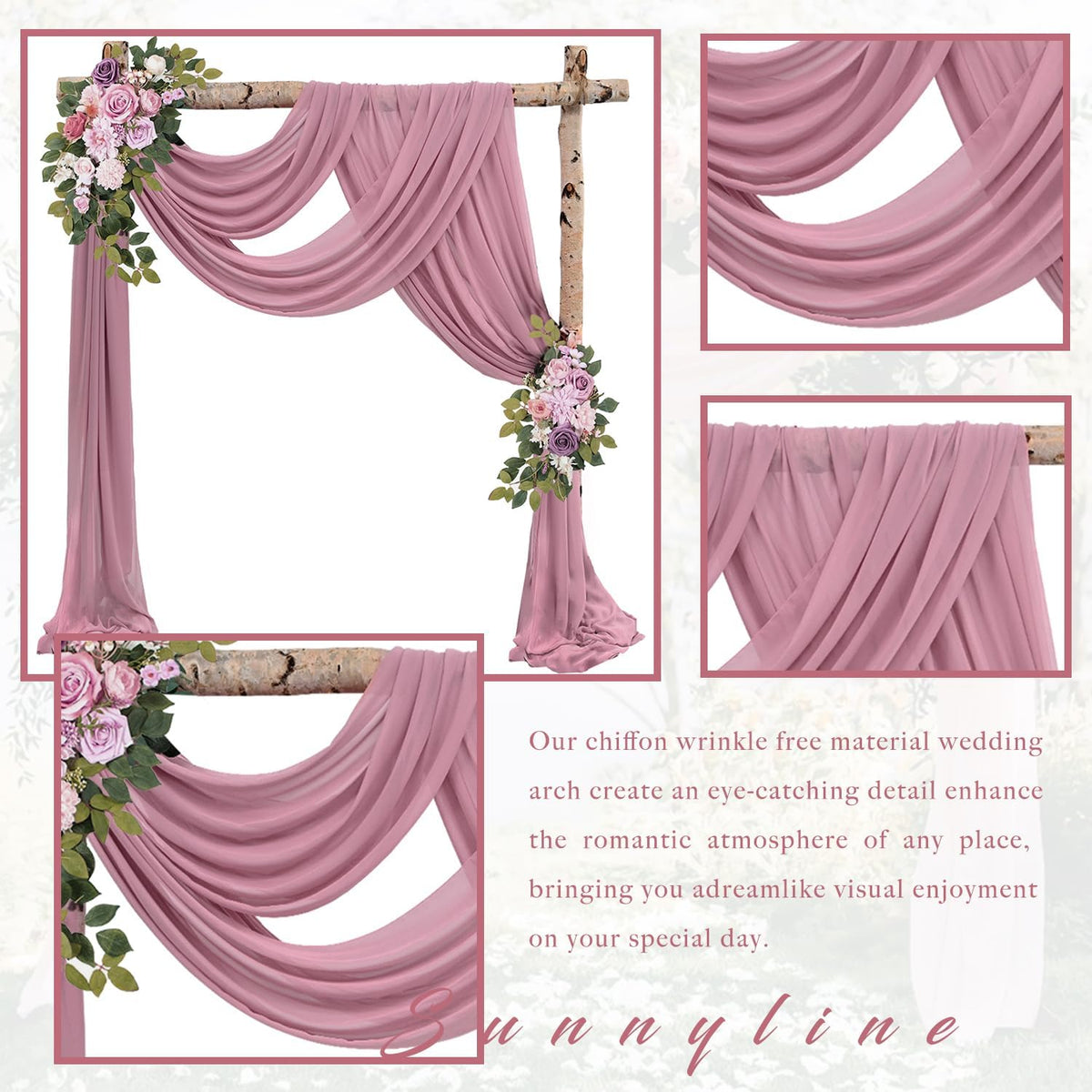 Dusty Rose Wedding Arch Draping Fabric 2 Panels 20Ft Length x 28" Width Arch Drapes Chiffon Fabric