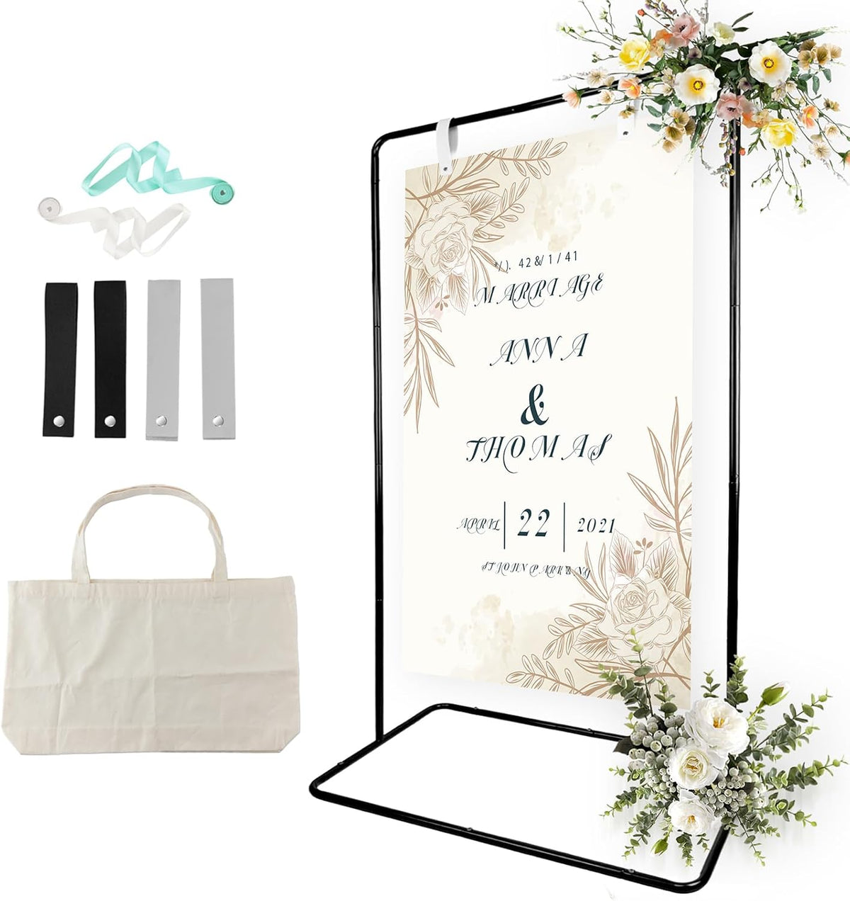 Wedding Sign Holder, Adjustable Welcome Sign Stand w/ Leather Hanging Strap, Satin Ribbon &