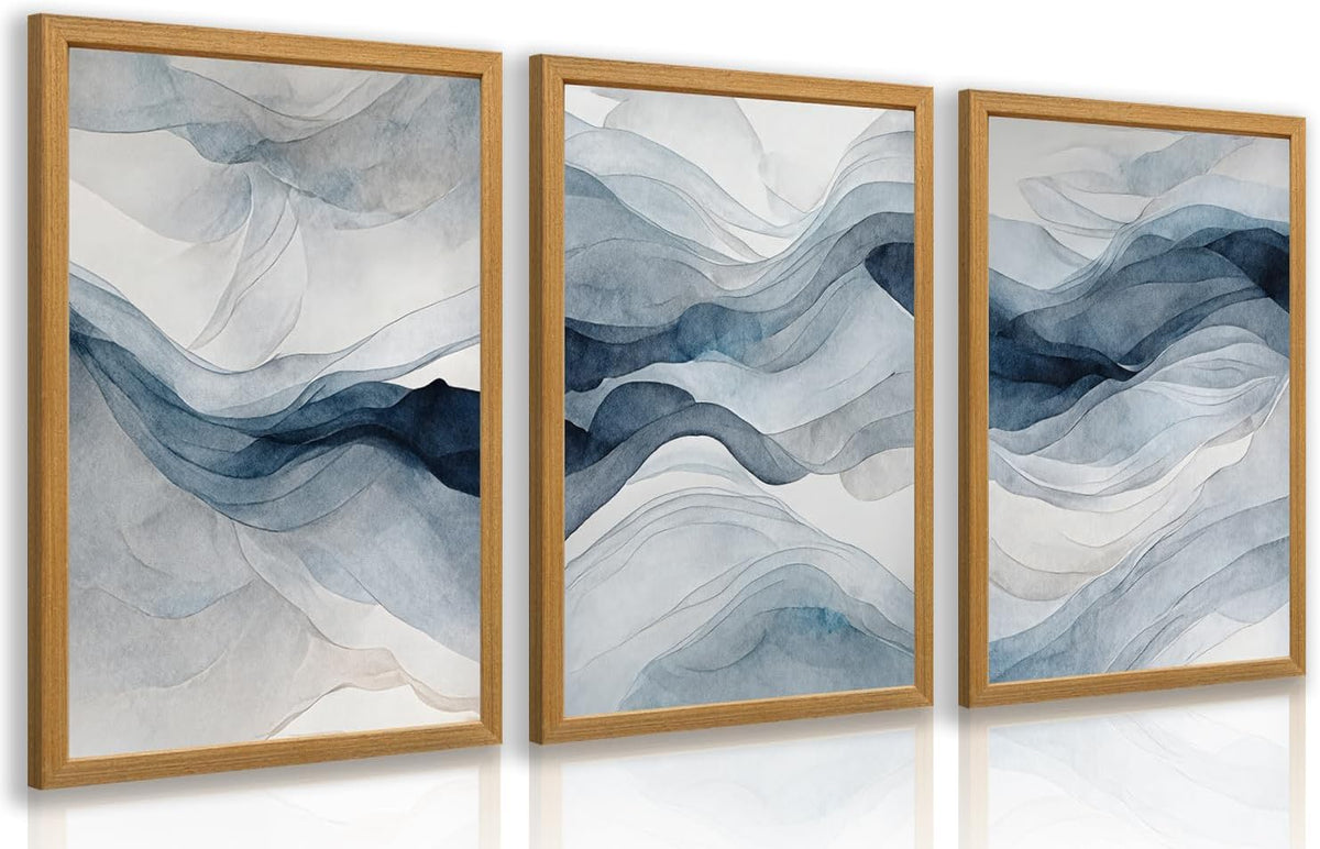 IAFWZX Wood Framed Blue Gray Abstract Wall Art, Modern Minimalist Waves Wall Decor, Neutral