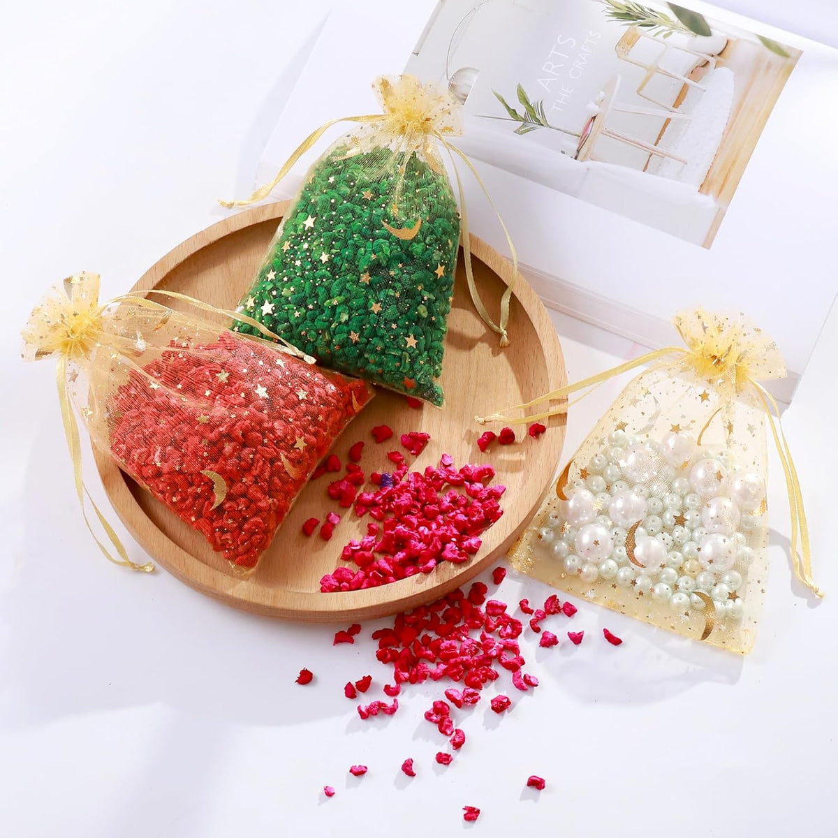 Hopttreely 100 Pieces Moon Star Organza Jewelry Candy Bags, 4x6 Inch Gold Organza Pouch Small Gift