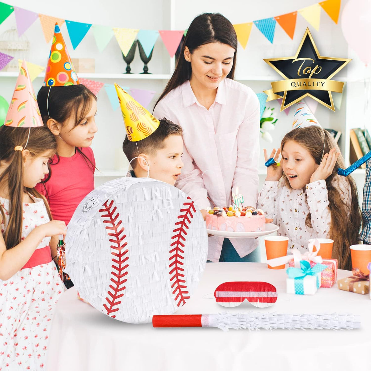Baseball Pinata Bundle with a Blindfold and Bat (13"x13"x4"), Baseball Pinata for Boys, Perfect for