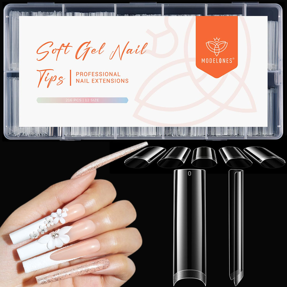 modelones Long Square Nail Tips, 2XXL Straight No C Curve Half Cover Soft Gel Tips Pre-shaped