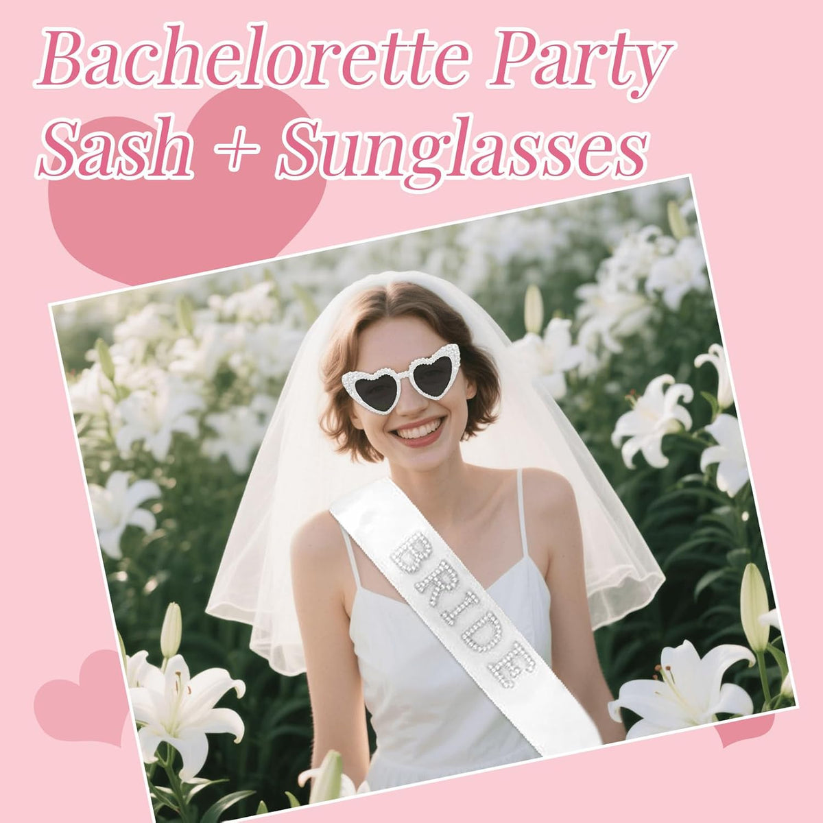 Pearl Bride Sunglasses with Sash - White Heart Sunglasses for Bachelorette Party Decorations Bridal