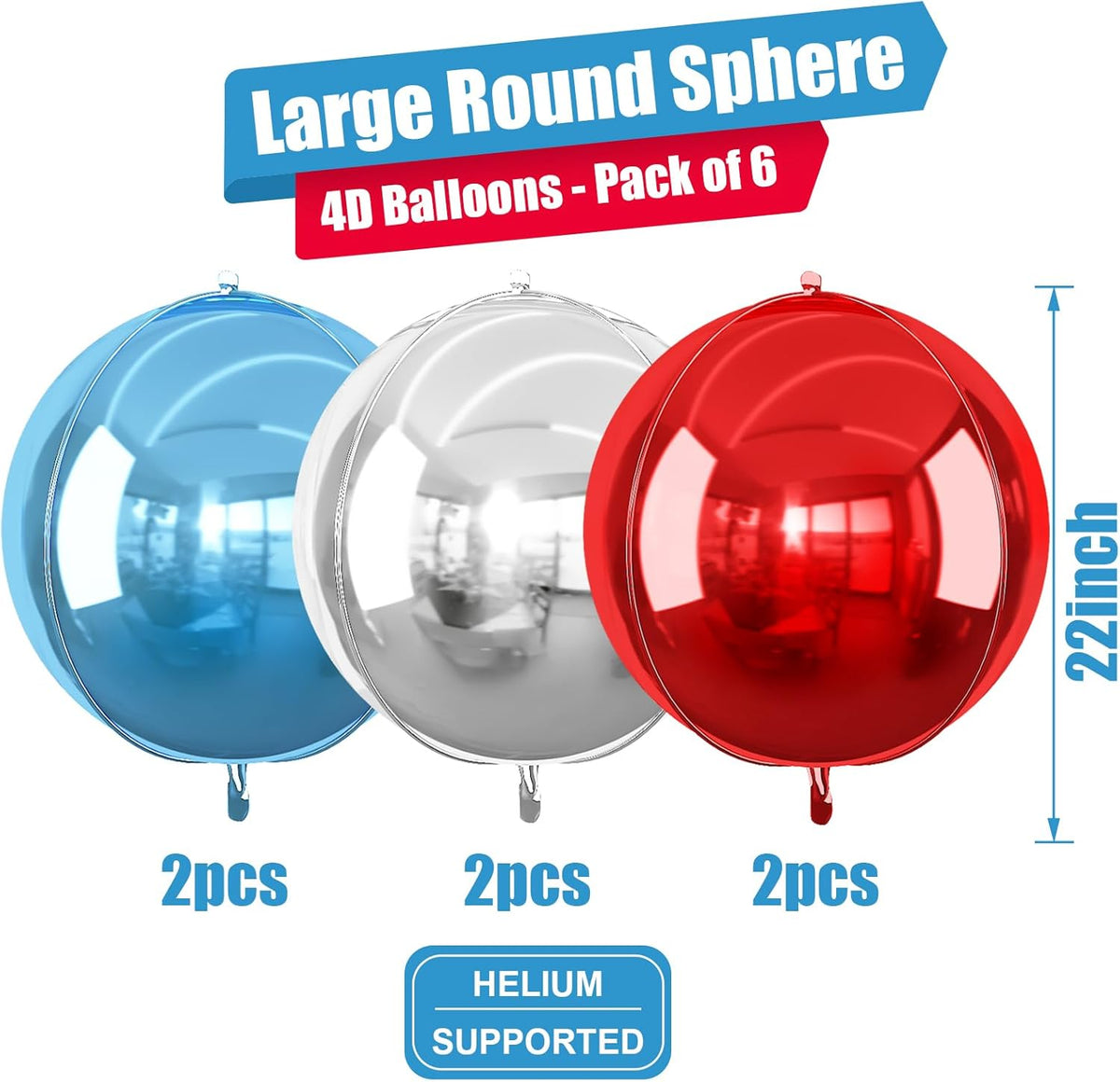 6Pcs Red Blue Silver Round Foil Balloons, 22inch 4D Metallic Balloons, Large Round Foil Ball