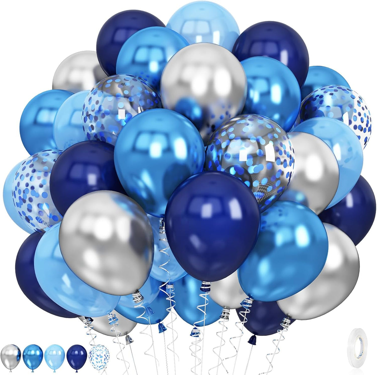 60 Pcs Blue and Silver Balloons, Navy Royal Blue Silver Party Balloons with Metallic Confetti