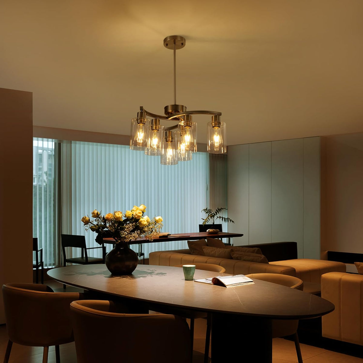 6-Light Brushed Nickel Chandeliers for Dining Room Light Fixtures Over Table, Adjustable Height