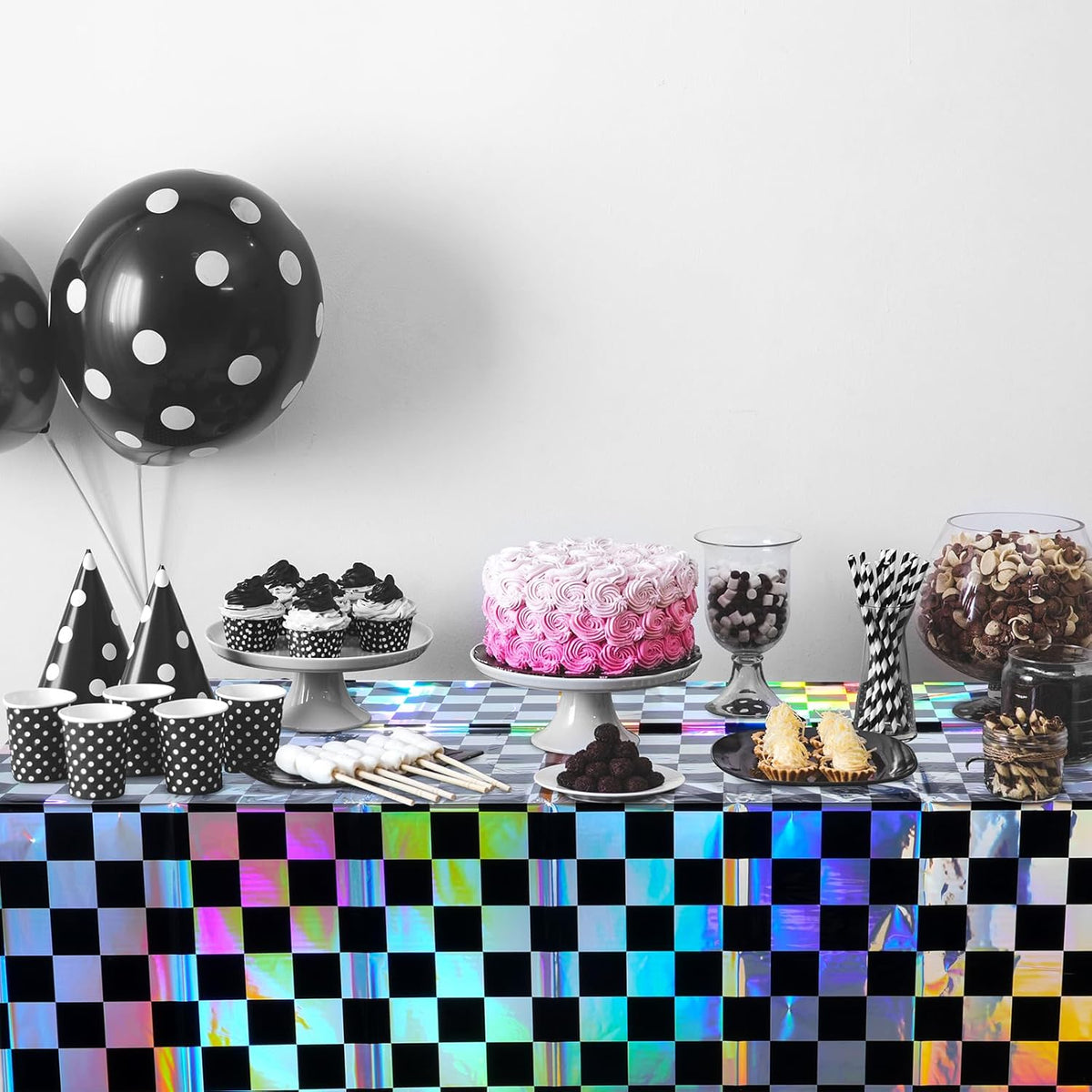 1Pack Black and Iridescent Checkered Plastic Tablecloth, Shiny Disposable Laser Rectangle Table