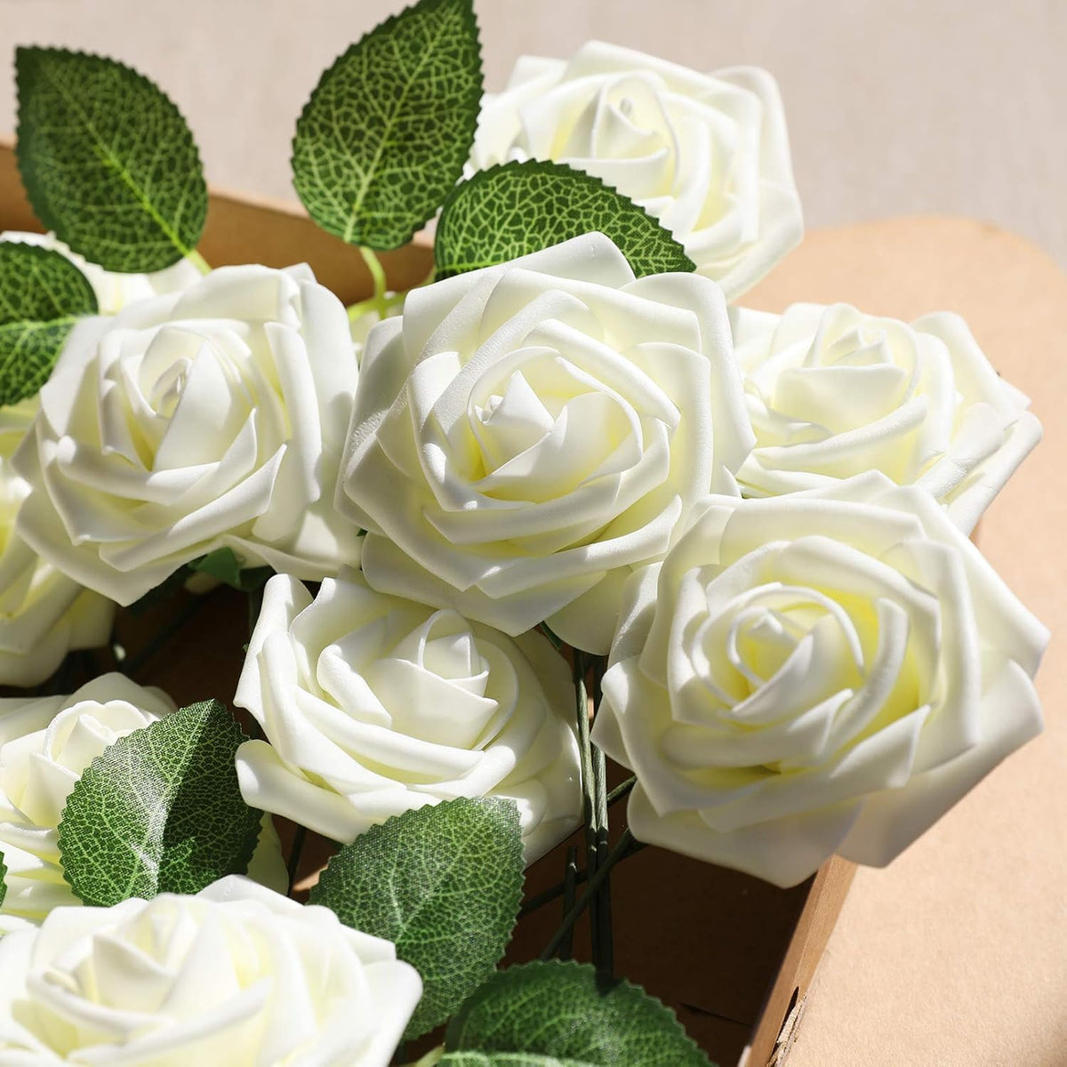 AmyHomie Artificial Flower Ivory Rose 25pcs Real Looking Fake Roses w/Stem for DIY Wedding Bouquets