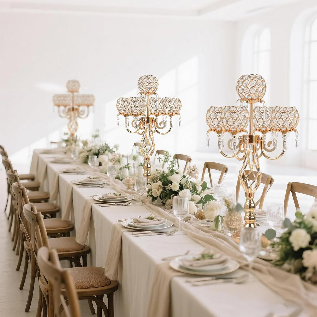 5-Arm Crystal Candelabra Centerpiece 23.2" Tall - Elegant Candle Holder Stand with Crystal Bowl
